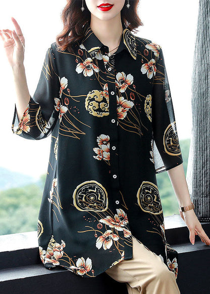 Black Peter Pan Collar Print Patchwork Chiffon Shirts Tops Summer