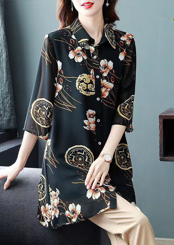 Black Peter Pan Collar Print Patchwork Chiffon Shirts Tops Summer