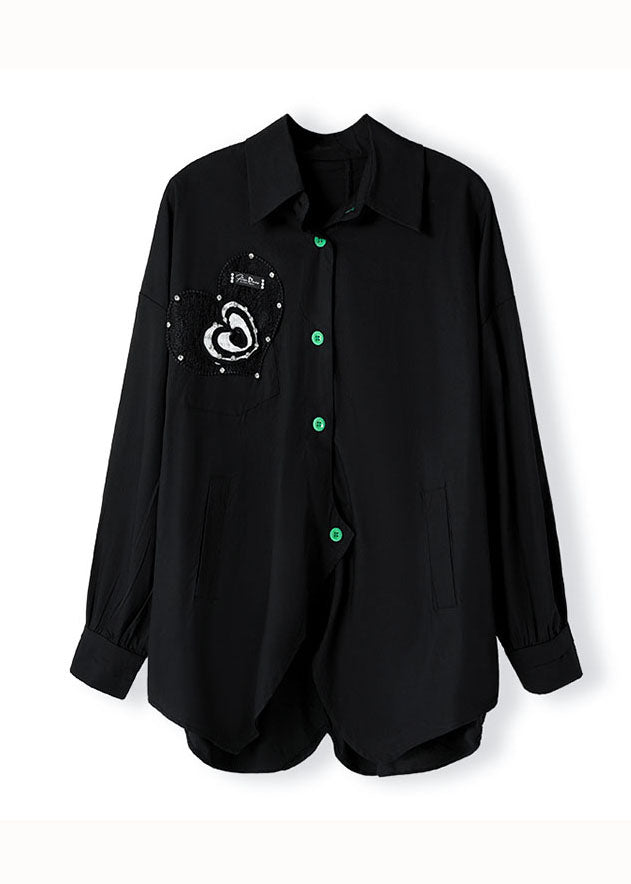 Black Peter Pan Collar Zircon Patchwork Cotton Shirts Top Fall