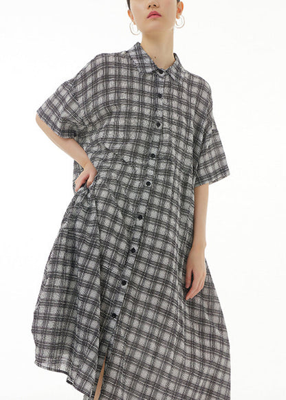 Black Plaid Button Cotton Maxi Dresses Summer