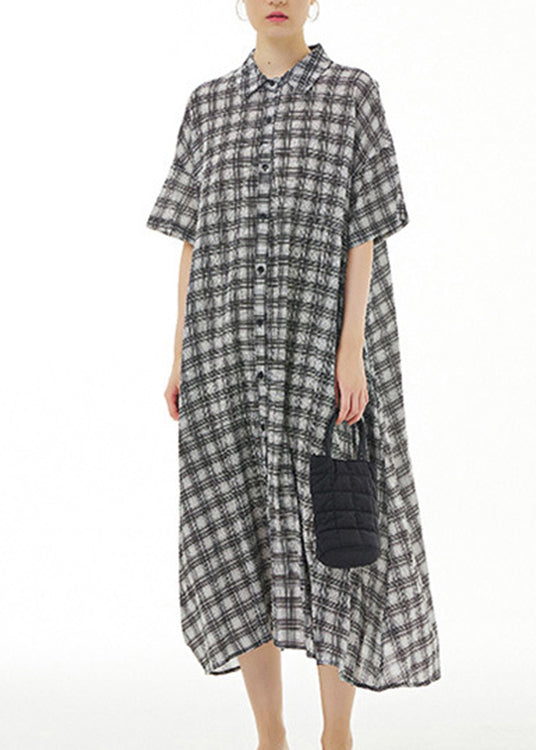 Black Plaid Button Cotton Maxi Dresses Summer