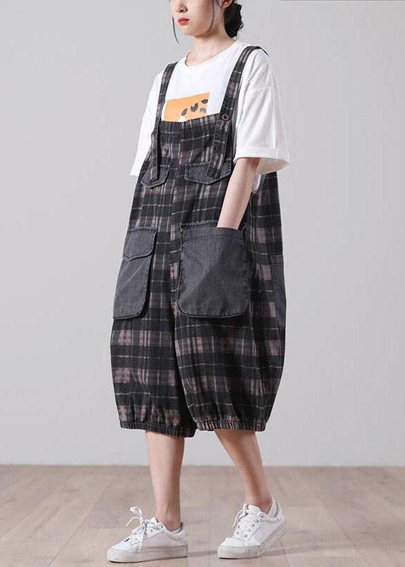 Black Plaid Jeans Jumpsuit Shorts Cotton