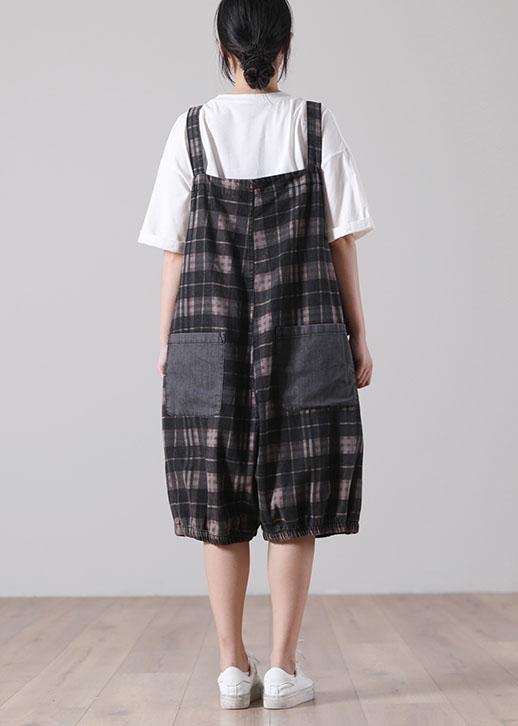 Black Plaid Jeans Jumpsuit Shorts Cotton