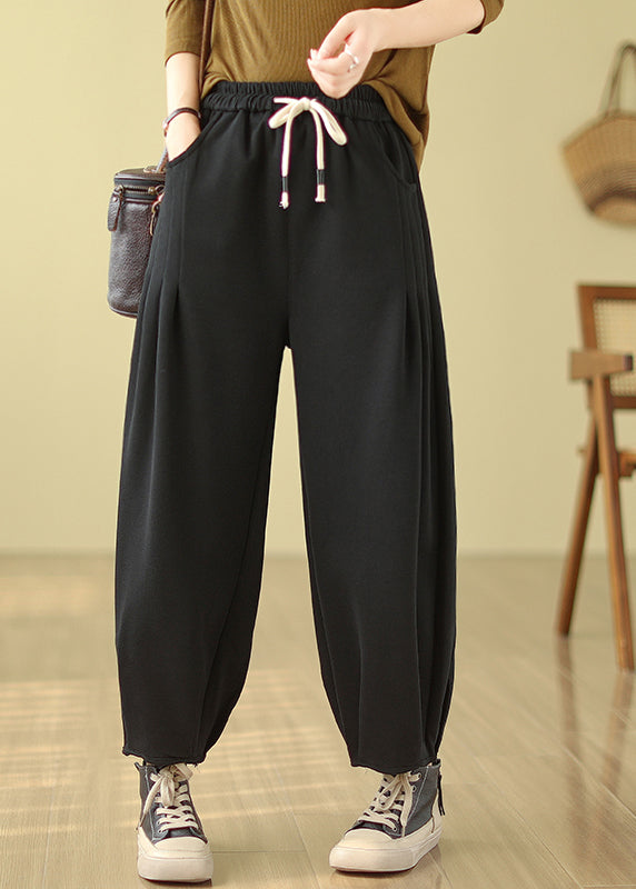 Black Pockets Elastic Waist Warm Fleece Pants Winter