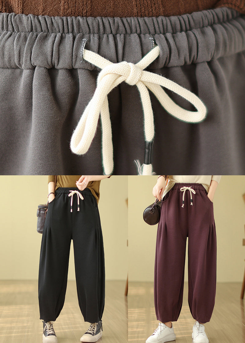 Black Pockets Elastic Waist Warm Fleece Pants Winter