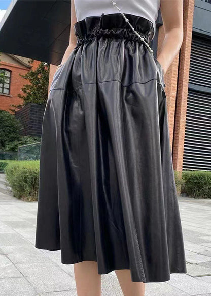 Black Pockets Wrinkled Patchwork Sheepskin Fall Skirt