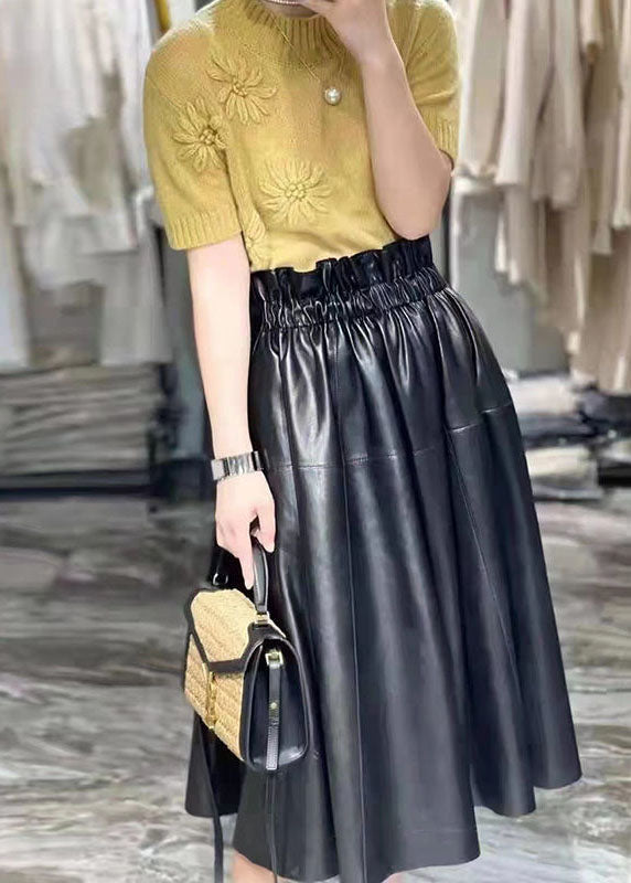 Black Pockets Wrinkled Patchwork Sheepskin Fall Skirt