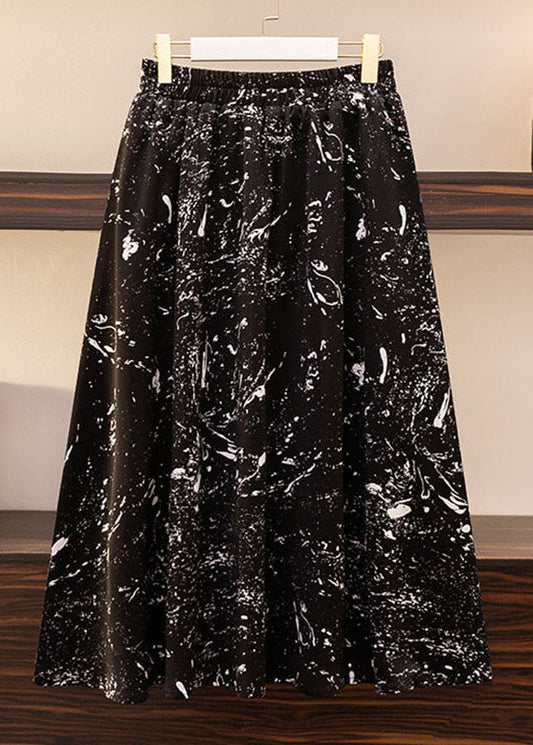 Black Print Elastic Waist Patchwork Chiffon Skirts Summer