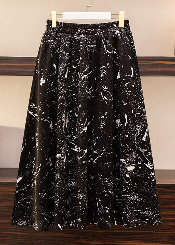 Black Print Elastic Waist Patchwork Chiffon Skirts Summer