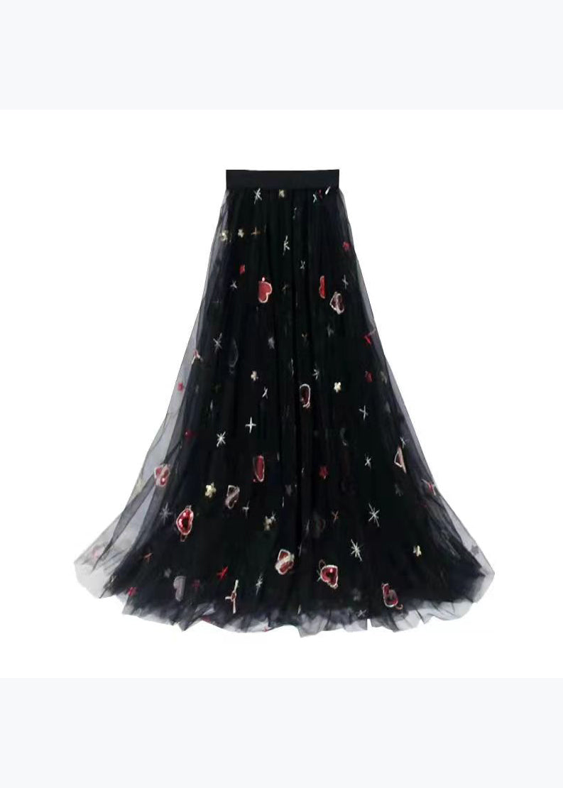Black Print High Waist Exra Large Hem Tulle Skirts Spring