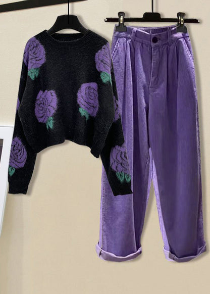 Black Print O-neck Cotton Knit Sweater and Straight Pants Two Pieces Set Winter