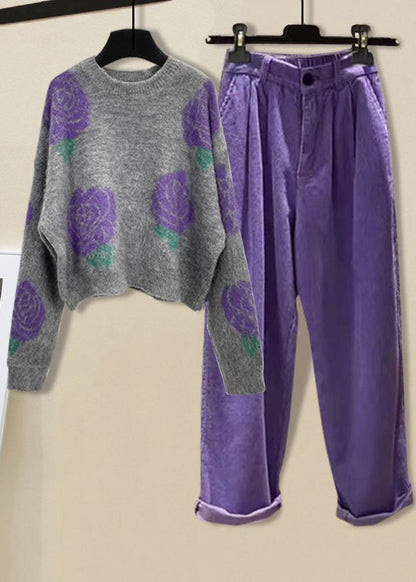 Black Print O-neck Cotton Knit Sweater and Straight Pants Two Pieces Set Winter