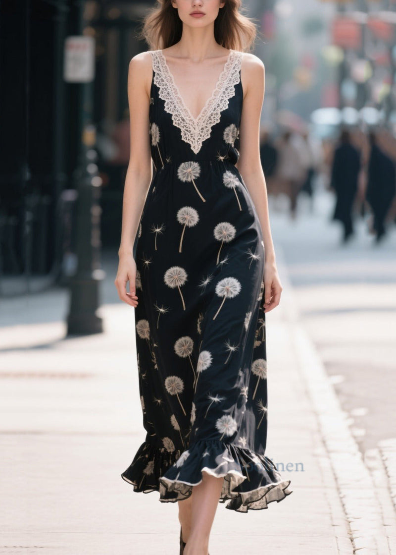 Black Print Patchwork Chiffon Robe Dresses Summer