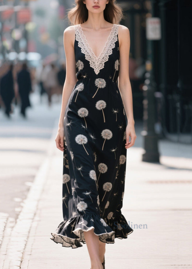 Black Print Patchwork Chiffon Robe Dresses Summer