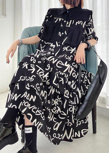 Black Print Patchwork Peter Pan Collar Robe Dresses Summer