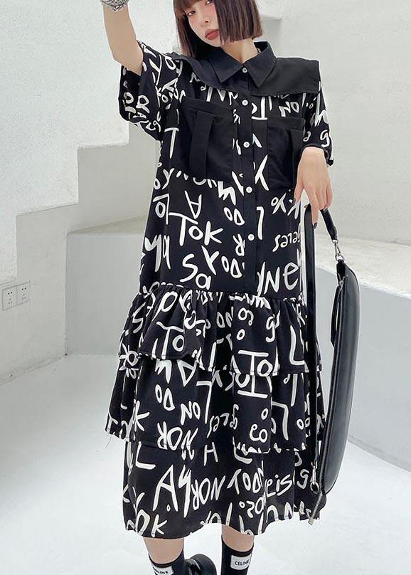 Black Print Patchwork Peter Pan Collar Robe Dresses Summer