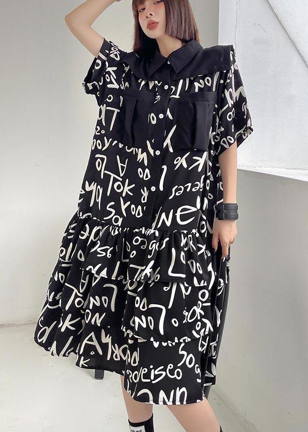 Black Print Patchwork Peter Pan Collar Robe Dresses Summer