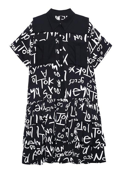 Black Print Patchwork Peter Pan Collar Robe Dresses Summer