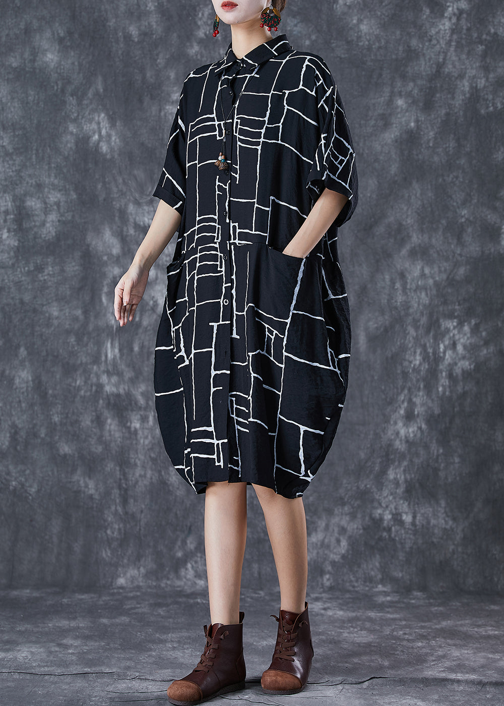 Black Print Pockets Cotton Maxi Dress Summer