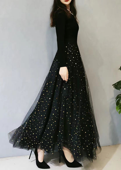 Black Print Wrinkled Elastic Waist Tulle Skirts Spring