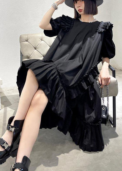 Black Puff Sleeve Asymmetrical Design Ankle Dress Summer
