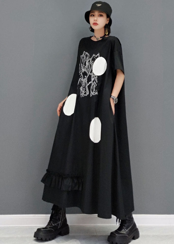 Black Ruffled Patchwork Dot Print Cotton Dresses Short Sleeve