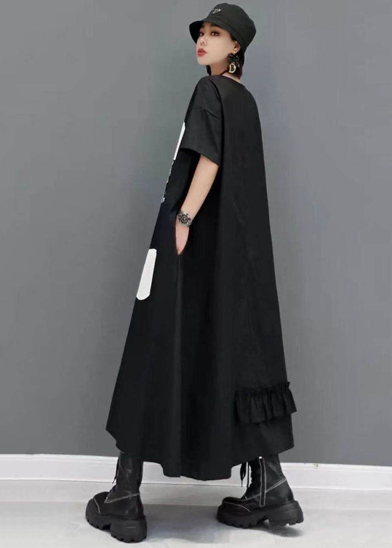 Black Ruffled Patchwork Dot Print Cotton Dresses Short Sleeve
