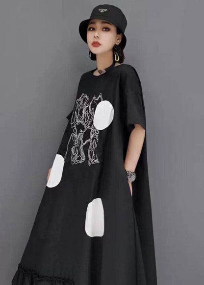 Black Ruffled Patchwork Dot Print Cotton Dresses Short Sleeve