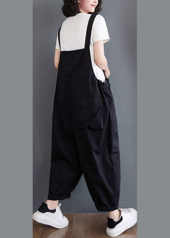 Black Slash Neck Drawstring Button Pockets Jumpsuit Fall