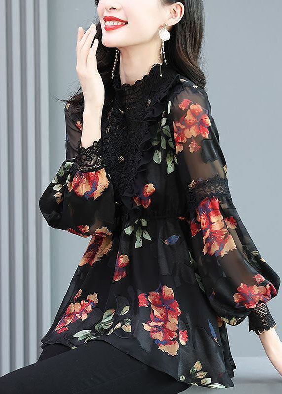 Black Stand Collar Patchwork Print Chiffon Shirt Top Spring