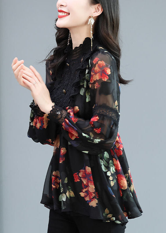 Black Stand Collar Patchwork Print Chiffon Shirt Top Spring