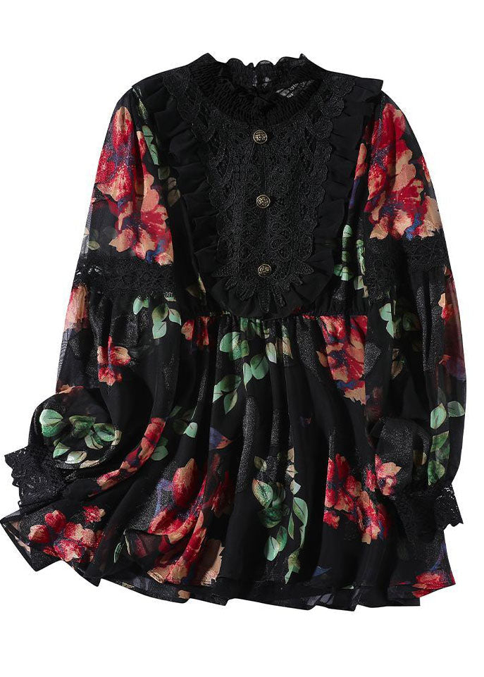 Black Stand Collar Patchwork Print Chiffon Shirt Top Spring