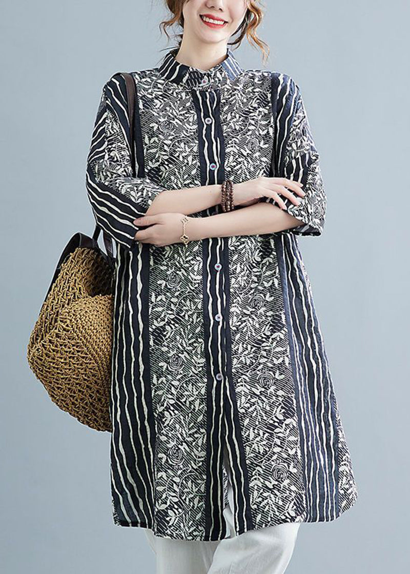 Black Stand Collar Print Linen Shirt Dress Summer