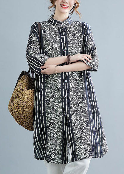 Black Stand Collar Print Linen Shirt Dress Summer