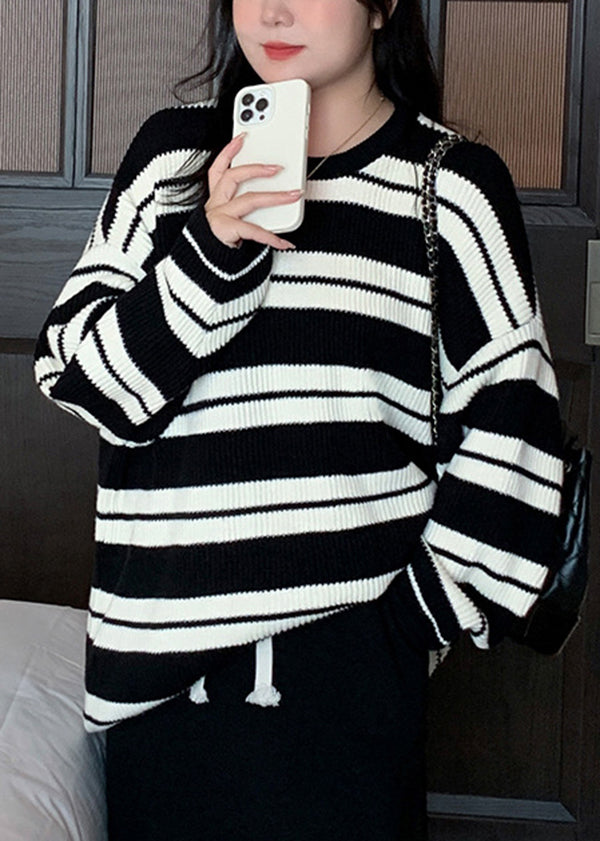 Black Striped O Neck Patchwork Knit Top Fall