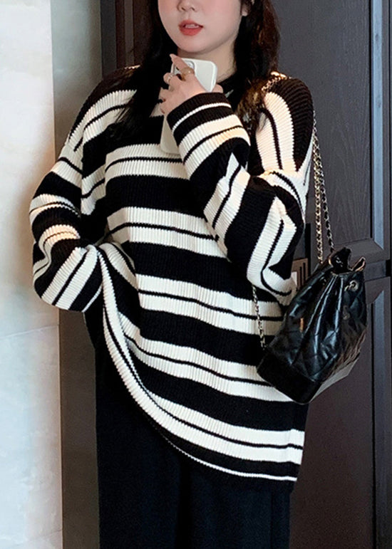 Black Striped O Neck Patchwork Knit Top Fall