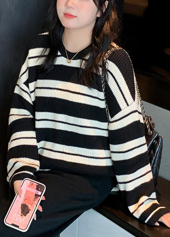 Black Striped O Neck Patchwork Knit Top Fall