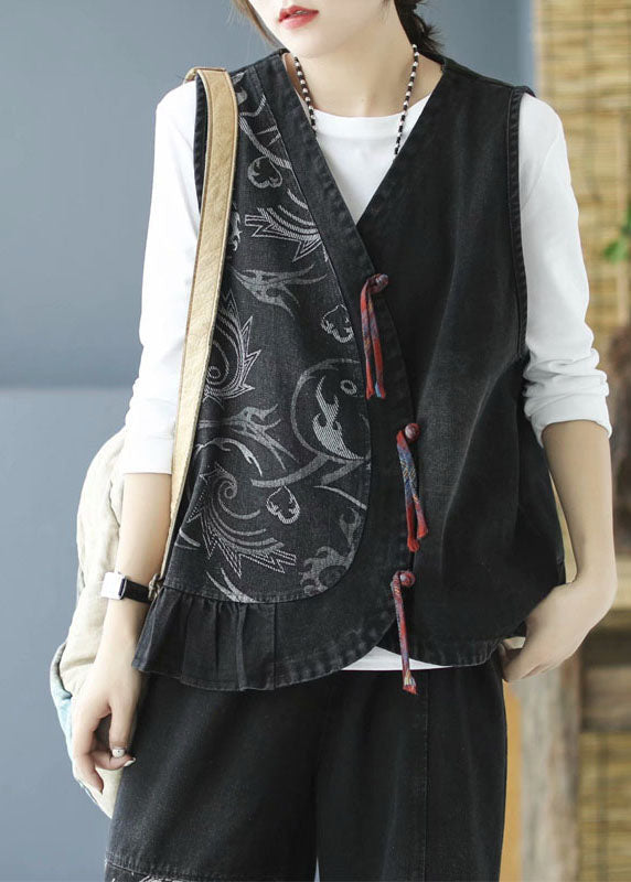 Black Tasseled Patchwork Denim Sleeveless Vest
