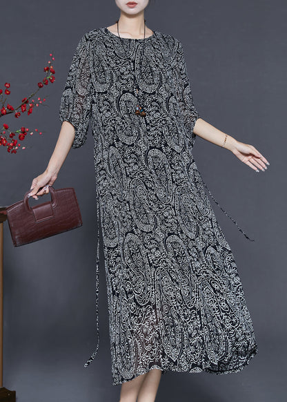 Black Tie Waist Print Chiffon Dress Summer