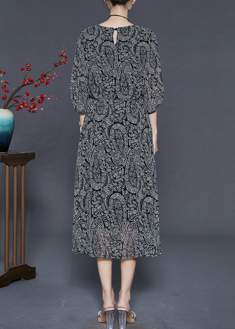 Black Tie Waist Print Chiffon Dress Summer