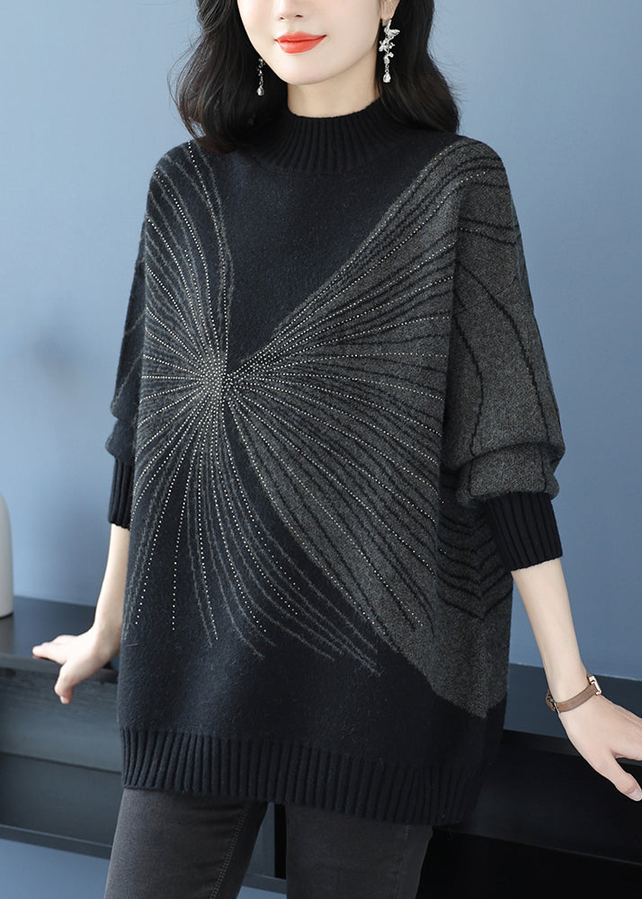 Black Turtleneck Zircon Thick Knit Sweaters Fall