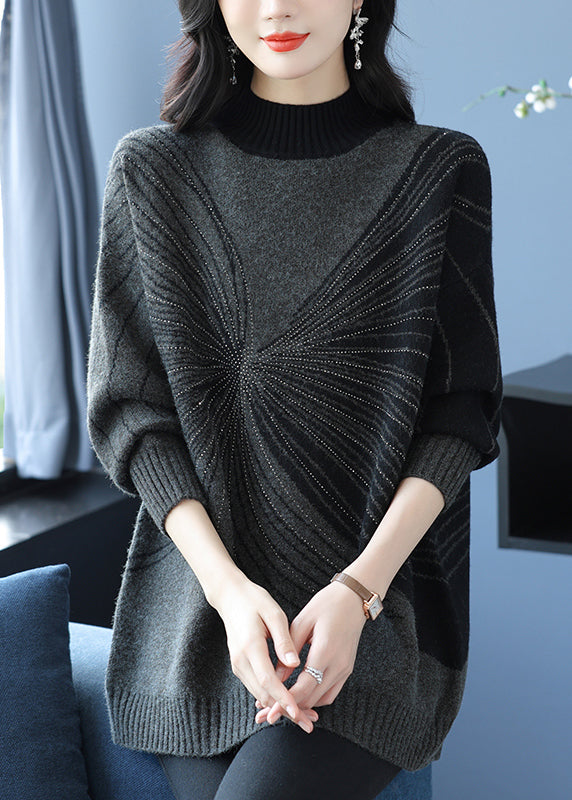 Black Turtleneck Zircon Thick Knit Sweaters Fall