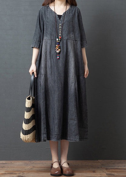 Black V Neck Cotton Denim Holiday Dress Half Sleeve1