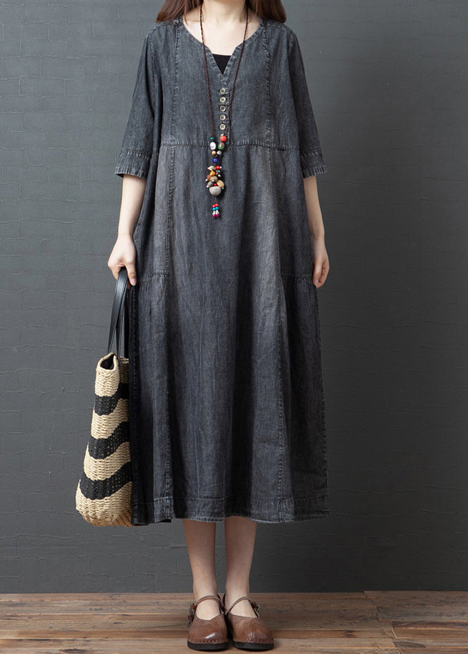 Black V Neck Cotton Denim Holiday Dress Half Sleeve1