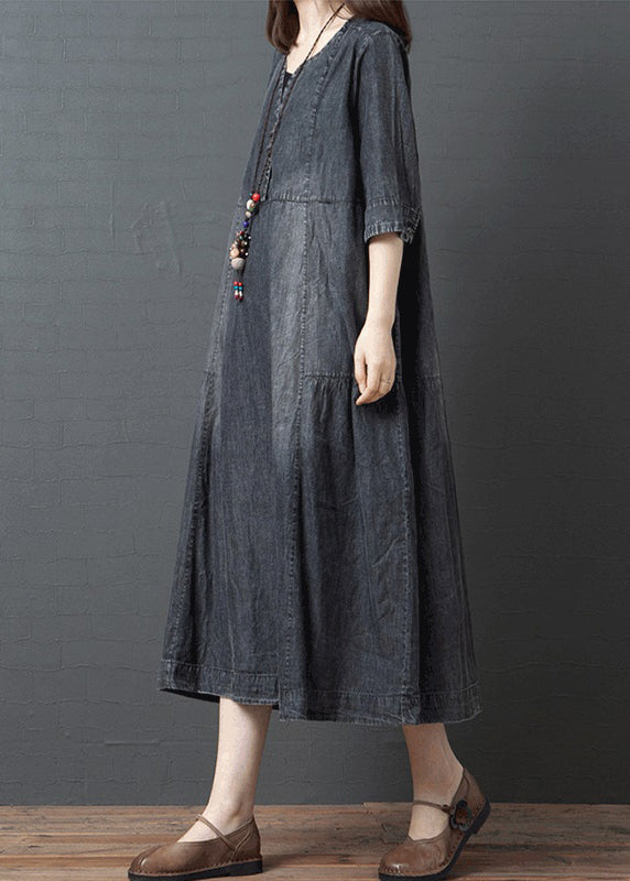 Black V Neck Cotton Denim Holiday Dress Half Sleeve1