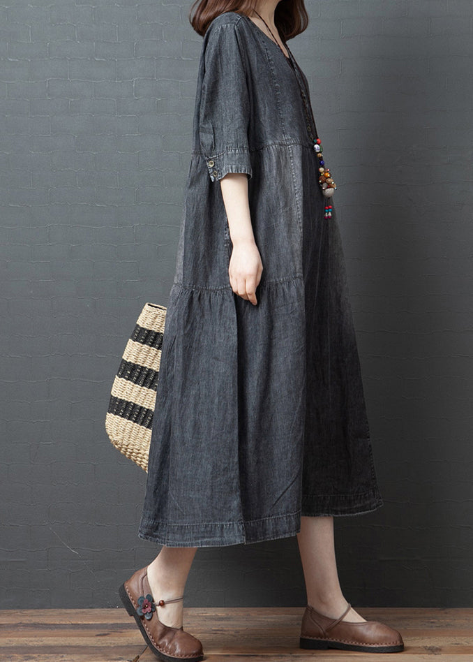 Black V Neck Cotton Denim Holiday Dress Half Sleeve