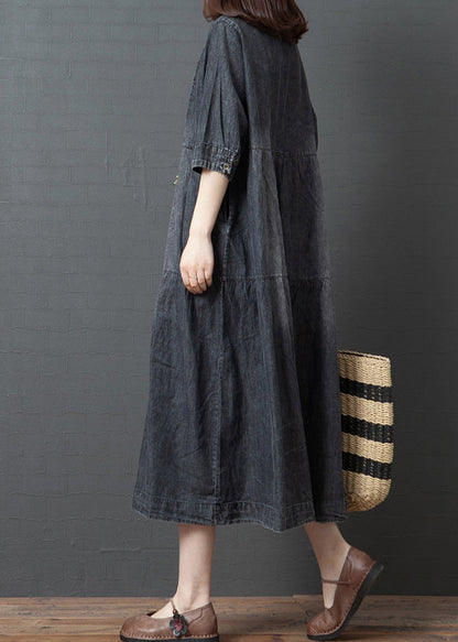 Black V Neck Cotton Denim Holiday Dress Half Sleeve1