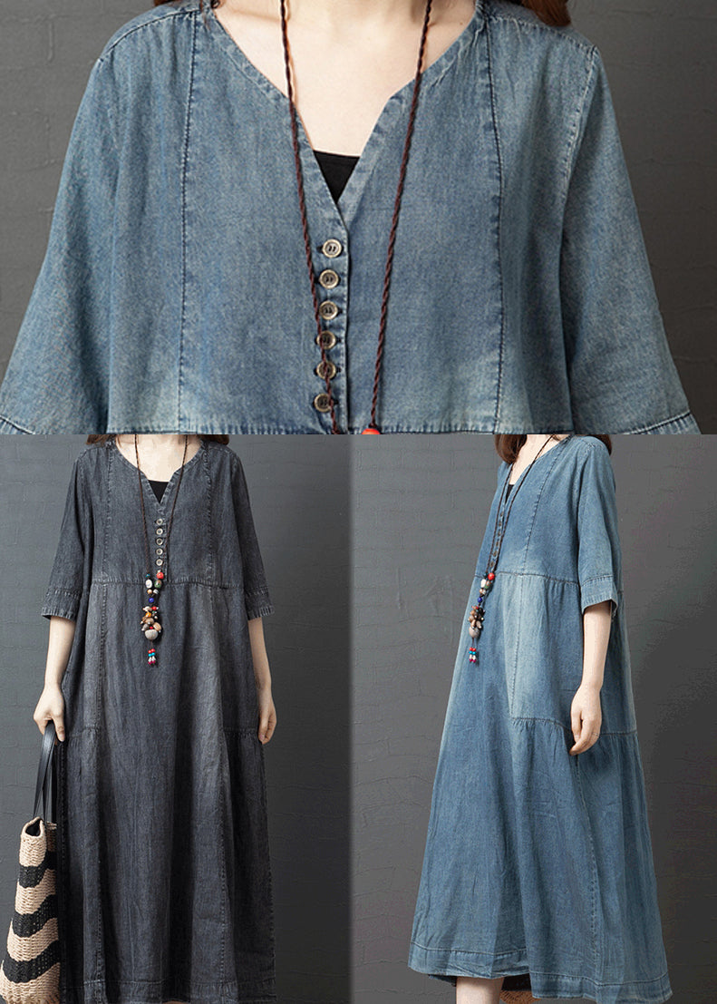 Black V Neck Cotton Denim Holiday Dress Half Sleeve1