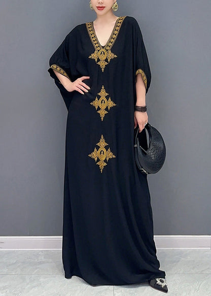 Black V Neck Embroidered Cotton Maxi Dress Batwing Sleeve