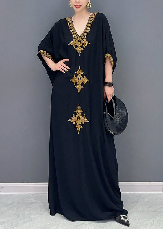 Black V Neck Embroidered Cotton Maxi Dress Batwing Sleeve